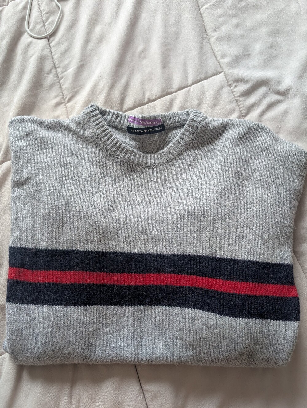 Brandy Melville Gray Crewneck Sweater with Navy and Red Stripe - Women's - Picture 3 of 4